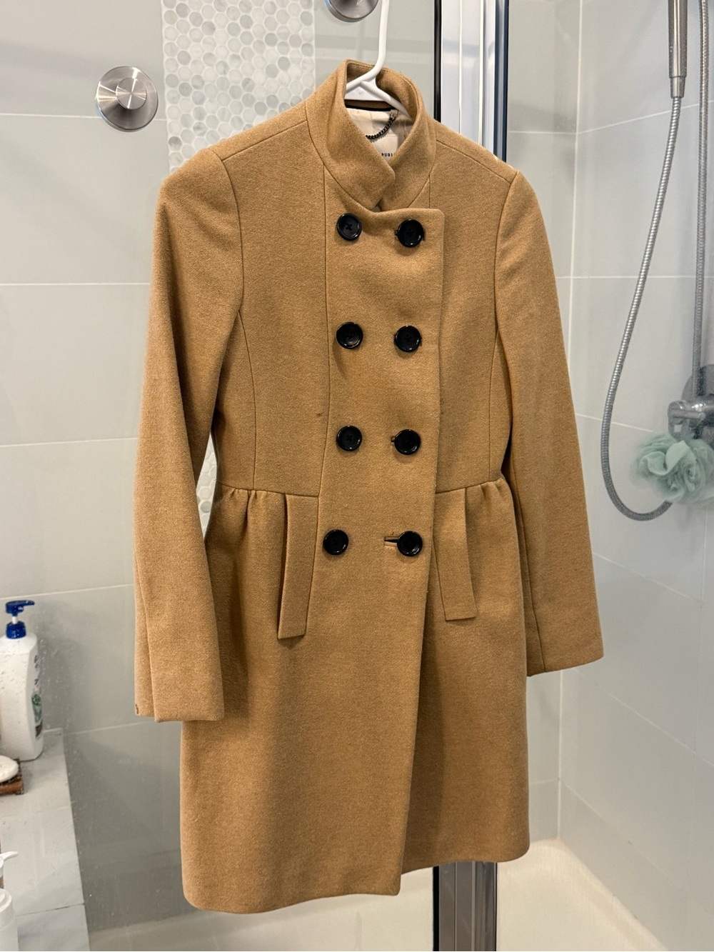 Womens Camel Double-Breasted Wool Blend Coat